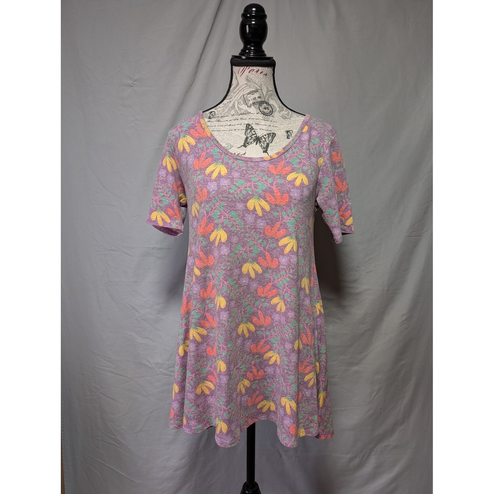 LuLaRoe Purple Floral Print‎ Short Sleeve Swing Cotton Tunic Top Women's XXS